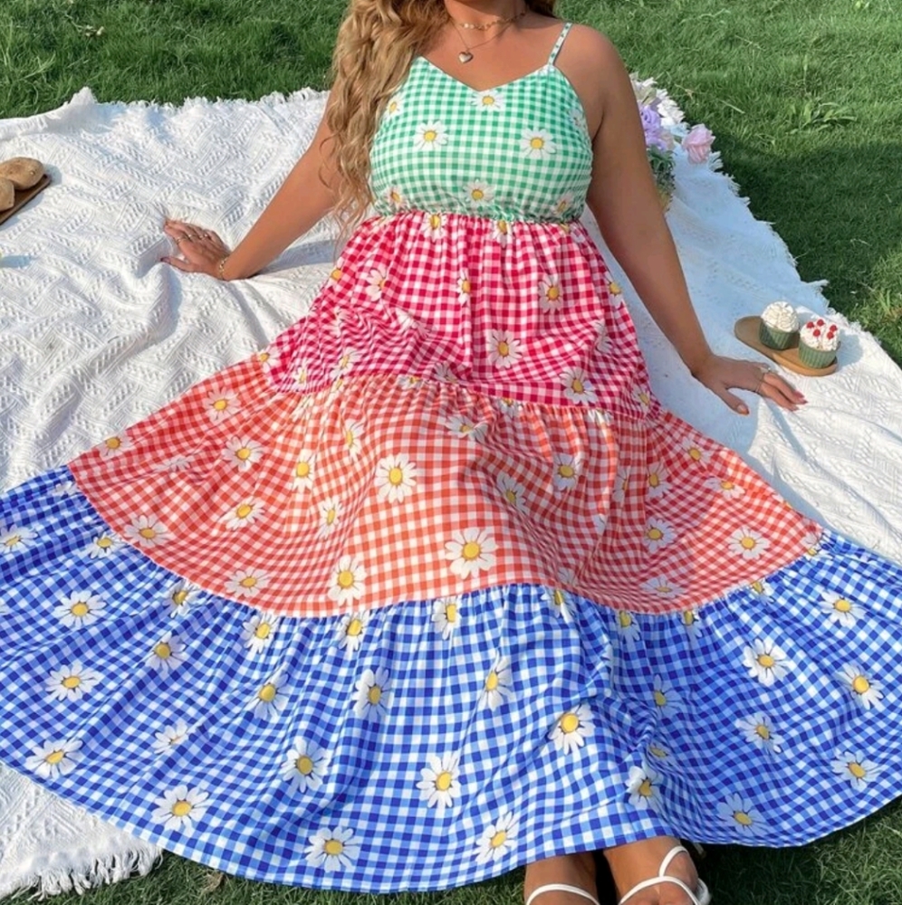 Floral & Gingham Print Ruffle Hem Cami Dress 4x